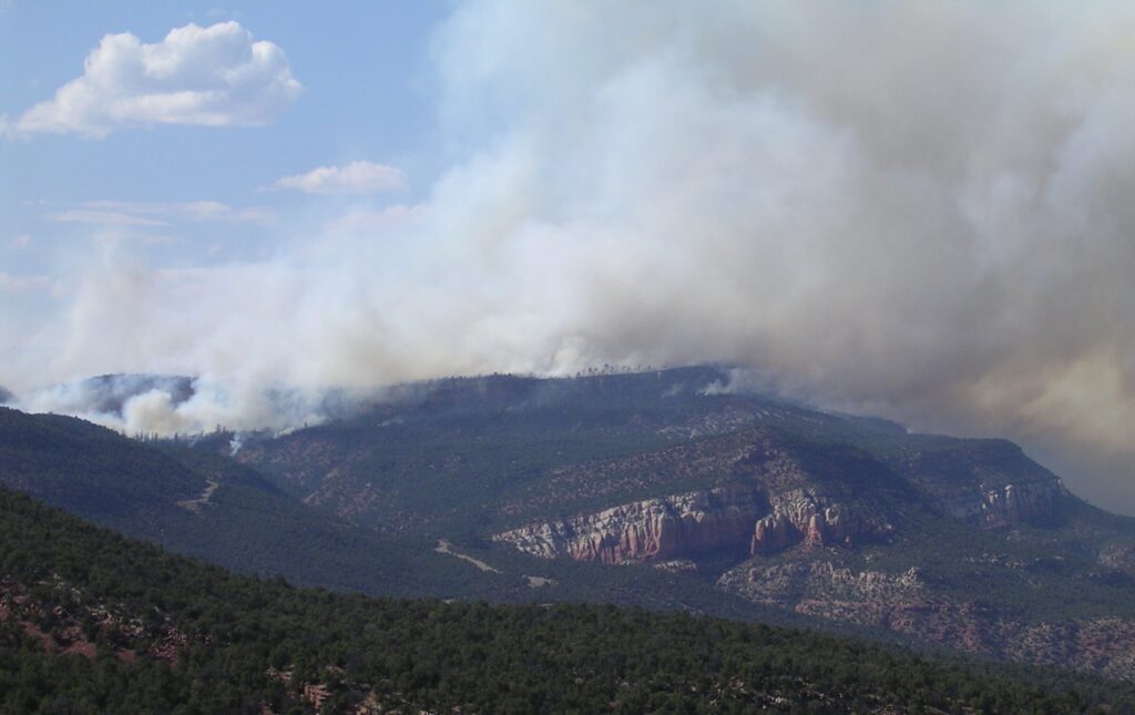 Wildfire smoke rising over a forested mesa in western Colorado